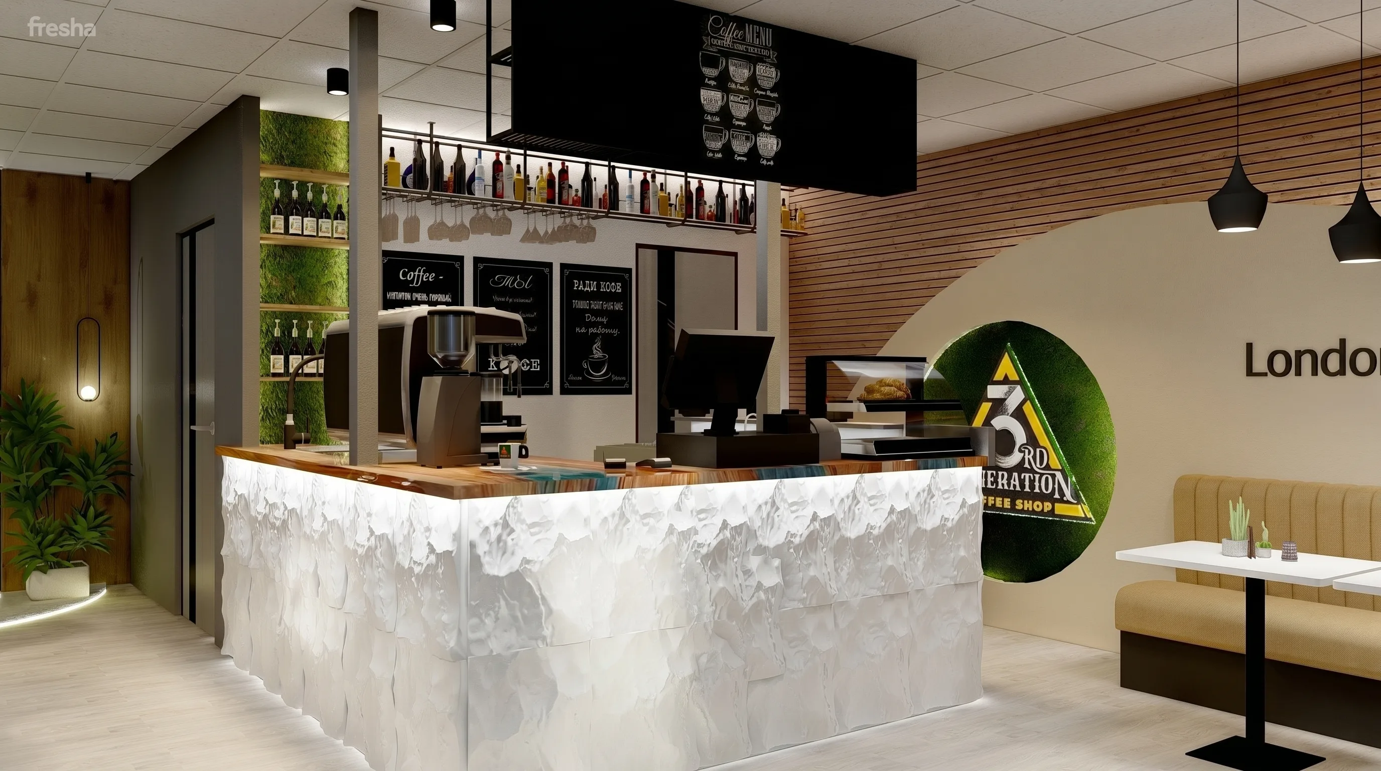 Interior 3rd Generation London Timișoara — barber chairs și bar de cafenea sub același acoperiș